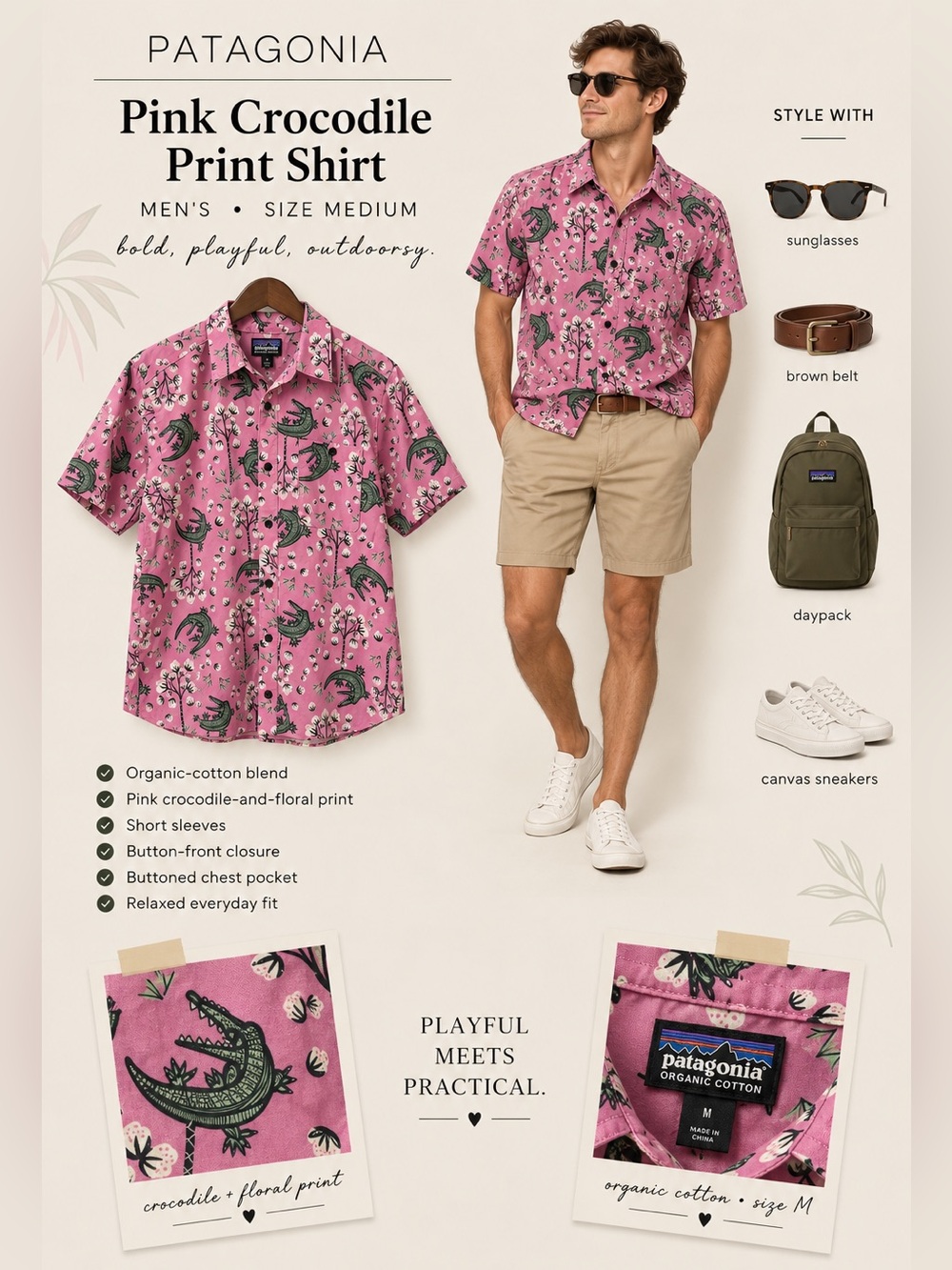 Discontinued Patagonia Pink Crocodile & Floral Short-Sleeve Button-Down Shirt